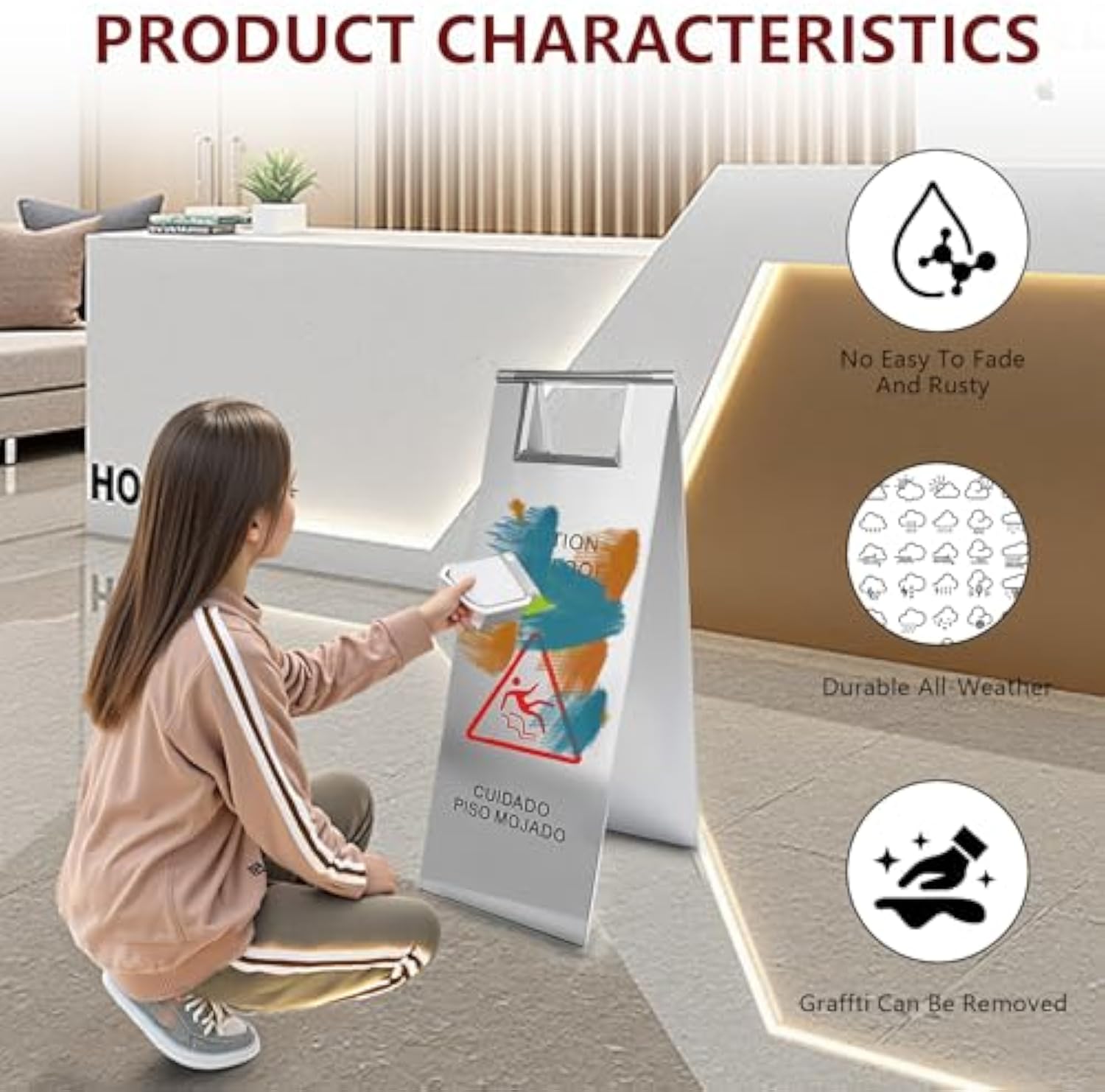 Portable Handle Stainless Steel Wet Floor Caution إشارة لأطباق المطاعم