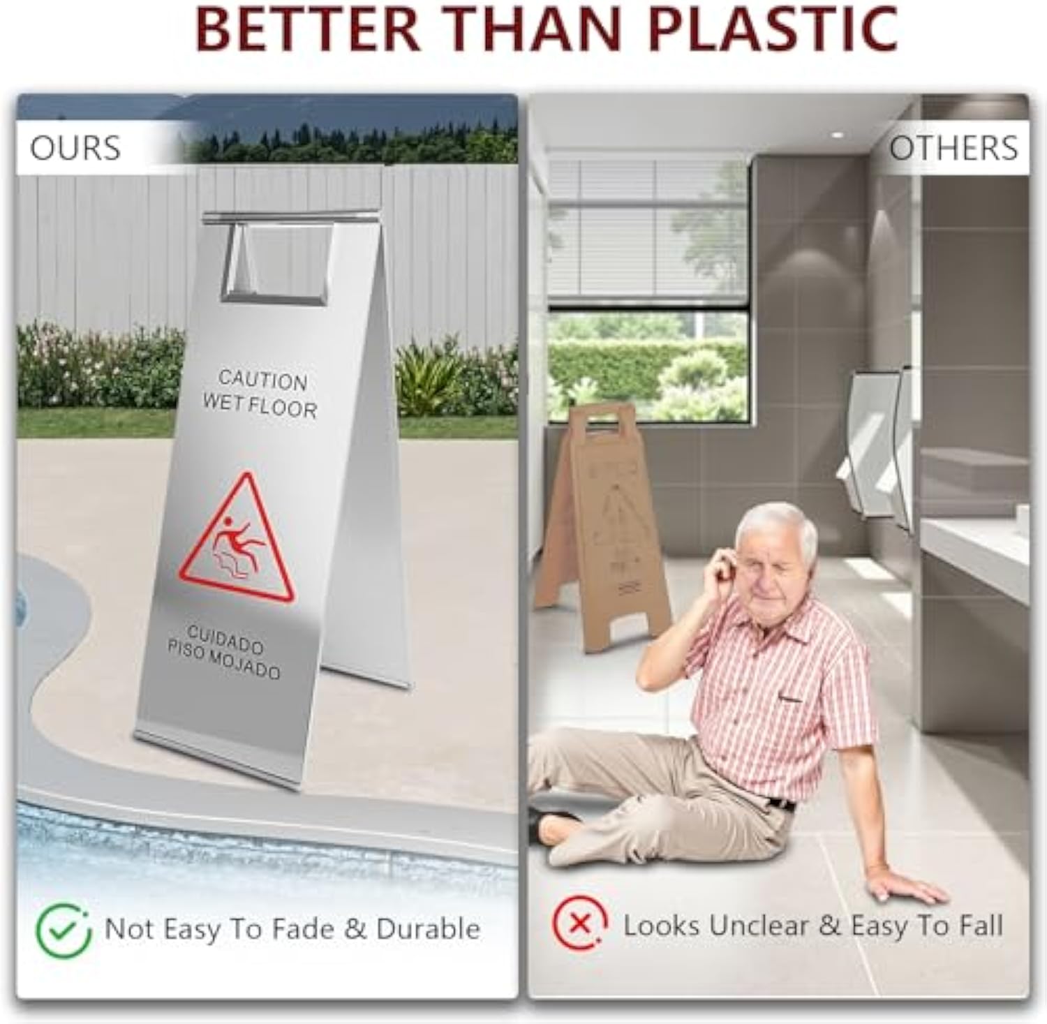 Portable Handle Stainless Steel Wet Floor Caution إشارة لأطباق المطاعم